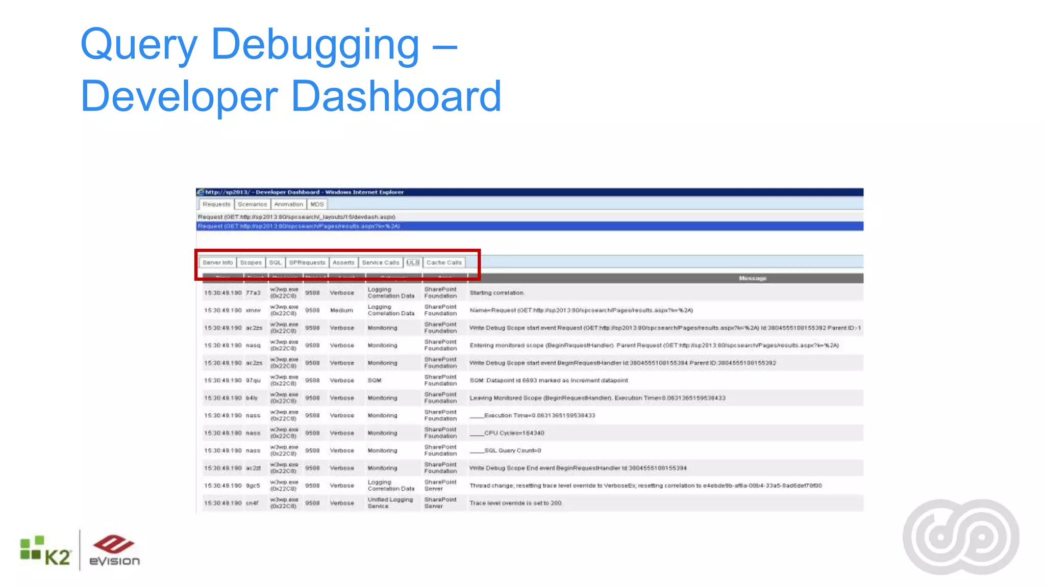 Query Debugging –
Developer Dashboard
 