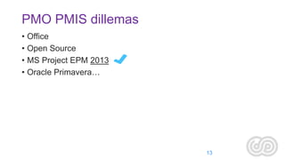 PMO PMIS dillemas
• Office
• Open Source
• MS Project EPM 2013
• Oracle Primavera…

13

 