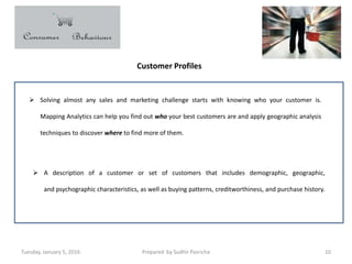 Tuesday, January 5, 2016 Prepared by Sudhir Pasricha 10
 A description of a customer or set of customers that includes demographic, geographic,
and psychographic characteristics, as well as buying patterns, creditworthiness, and purchase history.
 Solving almost any sales and marketing challenge starts with knowing who your customer is.
Mapping Analytics can help you find out who your best customers are and apply geographic analysis
techniques to discover where to find more of them.
Customer Profiles
 