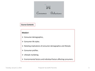 Tuesday, January 5, 2016 Prepared by Sudhir Pasricha 3
Course Contents
Module I
 Consumer demographics,
 Consumer life styles.
 Retailing implications of consumer demographics and lifestyle.
 Consumer profiles.
 Lifestyle marketing.
 Environmental factors and individual factors affecting consumers.
 