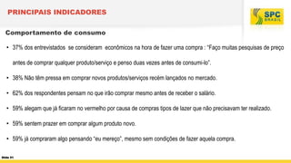 PRINCIPAIS INDICADORES
Comportamento de consumo
• 37% dos entrevistados se consideram econômicos na hora de fazer uma compra : “Faço muitas pesquisas de preço
antes de comprar qualquer produto/serviço e penso duas vezes antes de consumi-lo”.
• 38% Não têm pressa em comprar novos produtos/serviços recém lançados no mercado.
• 62% dos respondentes pensam no que irão comprar mesmo antes de receber o salário.
• 59% alegam que já ficaram no vermelho por causa de compras tipos de lazer que não precisavam ter realizado.
• 59% sentem prazer em comprar algum produto novo.
• 59% já compraram algo pensando “eu mereço”, mesmo sem condições de fazer aquela compra.
Slide 51

 