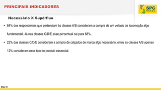PRINCIPAIS INDICADORES
Necessário X Supérfluo

• 84% dos respondentes que pertenciam às classes A/B consideram a compra de um veículo de locomoção algo
fundamental. Já nas classes C/D/E esse percentual cai para 68%.
• 22% das classes C/D/E consideram a compra de calçados de marca algo necessário, entre as classes A/B apenas
12% consideram esse tipo de produto essencial.

Slide 53

 