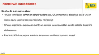 PRINCIPAIS INDICADORES
Sonho de consumo atual

• 18% dos entrevistados sonham em comprar a própria casa, 12% em reformar ou decorar sua casa e 12% em
realizar alguma viagem a lazer, seja nacional ou internacional.
• 93% dos respondentes que disseram que têm um sonho de consumo acreditam que irão realizá-lo, destes 50%
ainda esse ano.
• Para tanto, 56% diz se preparar através de planejamento e análise do orçamento pessoal.

Slide 56

 
