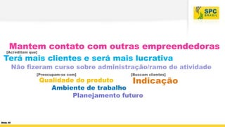 Mantem contato com outras empreendedoras

[Acreditam que]

Terá mais clientes e será mais lucrativa

Não fizeram curso sobre administração/ramo de atividade
[Preocupam-se com]

[Buscam clientes]

Qualidade do produto
Indicação
Ambiente de trabalho
Planejamento futuro

Slide 45

 