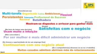 [Consideram-se]

Multi-tarefa Organizada Calma Ambiciosas Flexível
Persistentes Tolerante Profissional de Sucesso
Racional

Batalhadora

[Poucas]

Mostram-se dispostas a arriscar para ganhar mais
[Estão]

[Na hora de tomar uma decisão]

Usam muito a intuição

Satisfeitas com o negócio

[Não concordam ]

Por ser mulher é mais difícil administrar um negócio
[Se tivesse a oportunidade de ter um emprego fixo]

Continuariam com seu negócio atual
[Se o companheiro(a) dissesse ou eu ou o trabalho]

Muitas casadas admitem abririam mão do relacionamento
Slide 64

 