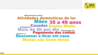 [Responsáveis pelas]

Atividades domésticas do lar

Mães 35 a 49 anos

[Trabalham]

Casadas Ensino Médio

Mais de 8h por dia
[Lazer é...]

[Participam do]

Pagamento das contas

Descansar e ficar em casa
Muitas não tiram férias

Slide 6

 