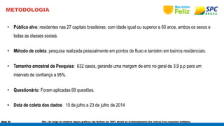 METODOLOGIA 
• Público alvo: residentes nas 27 capitais brasileiras, com idade igual ou superior a 60 anos, ambos os sexos e 
todas as classes sociais. 
• Método de coleta: pesquisa realizada pessoalmente em pontos de fluxo e também em bairros residenciais. 
• Tamanho amostral da Pesquisa: 632 casos, gerando uma margem de erro no geral de 3,9 p.p para um 
intervalo de confiança a 95%. 
• Questionário: Foram aplicadas 69 questões. 
• Data de coleta dos dados: 10 de julho a 23 de julho de 2014 
Obs.: Ao longo do relatório alguns gráficos não fecham em 100% devido ao arredondamento dos valores e/ou respostas múltiplas. 
Slide 52 
 