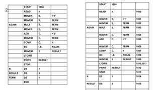 2.
START 1000
READ N
MOVER B, =’1’
MOVEM B, TERM
AGAIN MULT B, TERM
MOVER C, TERM
ADD C, =’2’
MOVEM C, TERM
COMP C, N
BC LE, AGAIN
MOVEM B RESULT
LTORG
PRINT RESULT
STOP
N DS 1
RESULT DS 3
TERM DS 1
END
START 1000
READ N 1000
MOVER B, =’1’ 1001
MOVEM B, TERM 1002
AGAIN MULT B, TERM 1003
MOVER C, TERM 1004
ADD C, =’2’ 1005
MOVEM C, TERM 1006
COMP C, N 1007
BC LE, AGAIN 1008
MOVEM B RESULT 1009
LTORG 1010,1011
PRINT RESULT 1012
STOP 1013
N DS 1 1014
RESULT DS 3 1015
 
