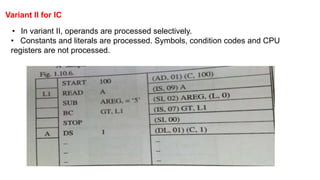 Variant II for IC
• In variant II, operands are processed selectively.
• Constants and literals are processed. Symbols, condition codes and CPU
registers are not processed.
 
