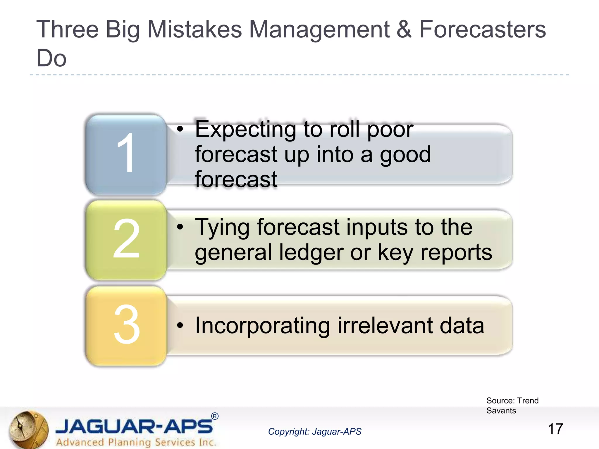 ®
Copyright: Jaguar-APS
®
Copyright: Jaguar-APS
Three Big Mistakes Management & Forecasters
Do
17
• Expecting to roll poor
forecast up into a good
forecast
1
• Tying forecast inputs to the
general ledger or key reports2
• Incorporating irrelevant data3
Source: Trend
Savants
 