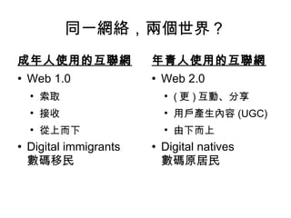 同一網絡，兩個世界？ 成年人使用的互聯網 Web 1.0 索取 接收 從上而下 Digital immigrants 數碼移民 年青人使用的互聯網 Web 2.0 ( 更 ) 互動、分享 用戶產生內容 (UGC) 由下而上 Digital natives  數碼原居民 