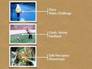 Story
Rules, Challenge
Safe free space
Shared toys
Goals, Variety
Feedback
 