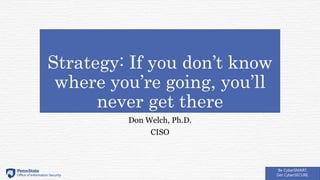 Be CyberSMART.
Get CyberSECURE.
Strategy: If you don’t know
where you’re going, you’ll
never get there
Don Welch, Ph.D.
CISO
 