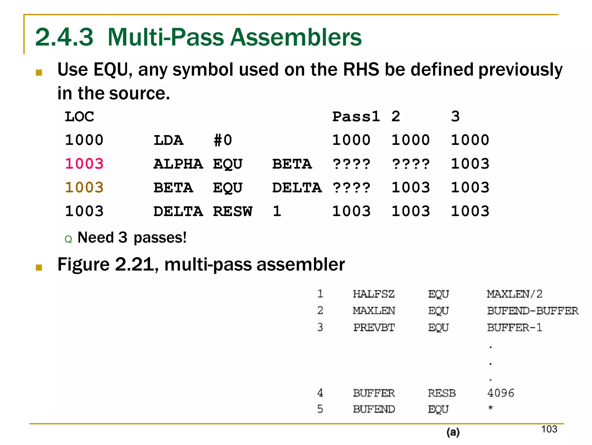 2.4.3 Multi-Pass Assemblers
■ Use EQU, any symbol used on the RHS be defined previously
in the source.
LOC Pass1 2 3
1000 LDA #0 1000 1000 1000
1003 ALPHA EQU BETA ???? ???? 1003
1003 BETA EQU DELTA ???? 1003 1003
1003 DELTA RESW 1 1003 1003 1003
Q Need 3 passes!
■ Figure 2.21, multi-pass assembler
103
 