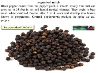 pepper-kali mirch
Black pepper comes from the pepper plant, a smooth woody vine that can
grow up to 33 feet in hot and humid tropical climates. They begin to bear
small white clustered flowers after 3 to 4 years and develop into berries
known as peppercorns. Ground peppercorns produce the spice we call
pepper.
 