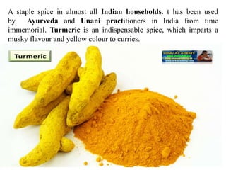 A staple spice in almost all Indian households. t has been used
by Ayurveda and Unani practitioners in India from time
immemorial. Turmeric is an indispensable spice, which imparts a
musky flavour and yellow colour to curries.
 