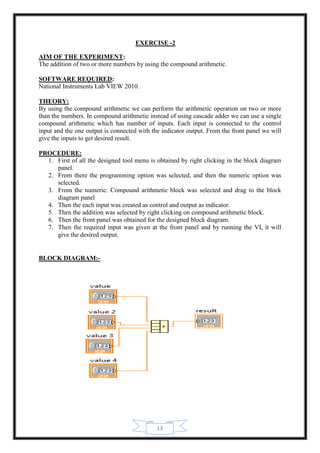 13
EXERCISE -2
AIM OF THE EXPERIMENT:
The addition of two or more numbers by using the compound arithmetic.
SOFTWARE REQUIRED:
National Instruments Lab VIEW 2010.
THEORY:
By using the compound arithmetic we can perform the arithmetic operation on two or more
than the numbers. In compound arithmetic instead of using cascade adder we can use a single
compound arithmetic which has number of inputs. Each input is connected to the control
input and the one output is connected with the indicator output. From the front panel we will
give the inputs to get desired result.
PROCEDURE:
1. First of all the designed tool menu is obtained by right clicking in the block diagram
panel.
2. From there the programming option was selected, and then the numeric option was
selected.
3. From the numeric: Compound arithmetic block was selected and drag to the block
diagram panel
4. Then the each input was created as control and output as indicator.
5. Then the addition was selected by right clicking on compound arithmetic block.
6. Then the front panel was obtained for the designed block diagram.
7. Then the required input was given at the front panel and by running the VI, it will
give the desired output.
BLOCK DIAGRAM:-
 