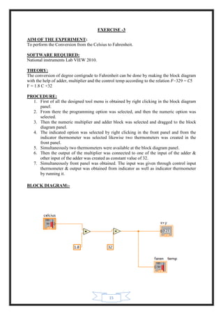 15
EXERCISE -3
AIM OF THE EXPERIMENT:
To perform the Conversion from the Celsius to Fahrenheit.
SOFTWARE REQUIRED:
National instruments Lab VIEW 2010.
THEORY:
The conversion of degree centigrade to Fahrenheit can be done by making the block diagram
with the help of adder, multiplier and the control temp according to the relation 𝐹−329 = 𝐶5
F = 1.8 C +32
PROCEDURE:
1. First of all the designed tool menu is obtained by right clicking in the block diagram
panel.
2. From there the programming option was selected, and then the numeric option was
selected.
3. Then the numeric multiplier and adder block was selected and dragged to the block
diagram panel.
4. The indicated option was selected by right clicking in the front panel and from the
indicator thermometer was selected likewise two thermometers was created in the
front panel.
5. Simultaneously two thermometers were available at the block diagram panel.
6. Then the output of the multiplier was connected to one of the input of the adder &
other input of the adder was created as constant value of 32.
7. Simultaneously front panel was obtained. The input was given through control input
thermometer & output was obtained from indicator as well as indicator thermometer
by running it.
BLOCK DIAGRAM:-
 