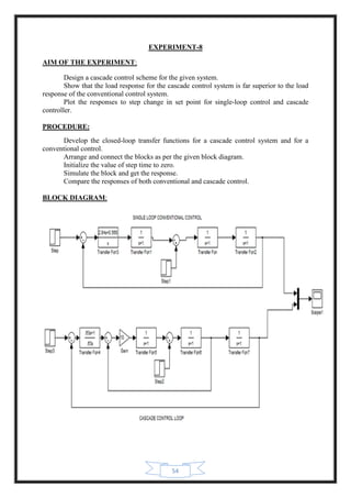 54
EXPERIMENT-8
AIM OF THE EXPERIMENT:
Design a cascade control scheme for the given system.
Show that the load response for the cascade control system is far superior to the load
response of the conventional control system.
Plot the responses to step change in set point for single-loop control and cascade
controller.
PROCEDURE:
Develop the closed-loop transfer functions for a cascade control system and for a
conventional control.
Arrange and connect the blocks as per the given block diagram.
Initialize the value of step time to zero.
Simulate the block and get the response.
Compare the responses of both conventional and cascade control.
BLOCK DIAGRAM:
 