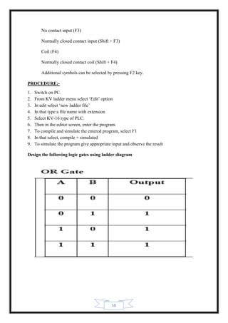 58
No contact input (F3)
Normally closed contact input (Shift + F3)
Coil (F4)
Normally closed contact coil (Shift + F4)
Additional symbols can be selected by pressing F2 key.
PROCEDURE:-
1. Switch on PC.
2. From KV ladder menu select ‘Edit’ option
3. In edit select ‘new ladder file’
4. In that type a file name with extension
5. Select KV-16 type of PLC.
6. Then in the editor screen, enter the program.
7. To compile and simulate the entered program, select F1
8. In that select, compile + simulated
9. To simulate the program give appropriate input and observe the result
Design the following logic gates using ladder diagram
 