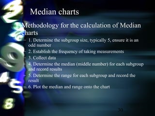 30
Median charts
• Methodology for the calculation of Median
charts
– 1. Determine the subgroup size, typically 5, ensure it is an
odd number
– 2. Establish the frequency of taking measurements
– 3. Collect data
– 4. Determine the median (middle number) for each subgroup
and record results
– 5. Determine the range for each subgroup and record the
result
– 6. Plot the median and range onto the chart
 