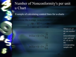 63
Number of Nonconformity's per unit
u Chart
• Example of calculating control lines for u-charts
Where c1, c2Where c1, c2
etc are numberetc are number
ofof
nonconformity'nonconformity'
s per unit ands per unit and
n1, n2 etc isn1, n2 etc is
thethe
correspondingcorresponding
sample sizesample size
n
u
3u
n
u
3u
nk+n2+n1
k++2+1
=u
uunitperitiesnonconformaveragetheDetermine
uuu
×−=
×+=
+
LCLu
UCLu


 