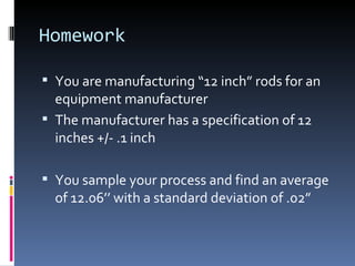 Homework You are manufacturing “12 inch” rods for an equipment manufacturer The manufacturer has a specification of 12 inches +/- .1 inch You sample your process and find an average of 12.06’’ with a standard deviation of .02” 