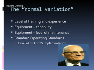 The “normal variation” Level of training and experience Equipment – capability Equipment – level of maintenance Standard Operating Standards Level of ISO or TS implementation                         Ed  edward Deming 