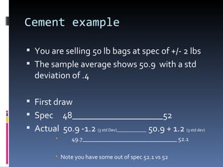 Cement example You are selling 50 lb bags at spec of +/- 2 lbs The sample average shows 50.9  with a std deviation of .4 First draw  Spec  48____________________52 Actual  50.9 -1.2  (3 std Dev)______________  50.9 + 1.2  (3 std dev) 49.7_______________________________ 52.1 Note you have some out of spec 52.1 vs 52 