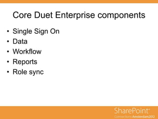 Core Duet Enterprise components
• Single Sign On
• Data
• Workflow
• Reports
• Role sync
 