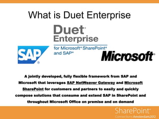 What is Duet Enterprise
A jointly developed, fully flexible framework from SAP and
Microsoft that leverages SAP NetWeaver Gateway and Microsoft
SharePoint for customers and partners to easily and quickly
compose solutions that consume and extend SAP in SharePoint and
throughout Microsoft Office on premise and on demand
 