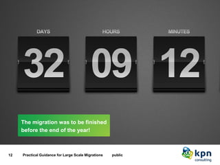 The migration was to be finished before the end of the year! 
12 Practical Guidance for Large Scale Migrations public 
The migration was to be finished before the end of the year!  