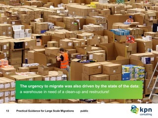 The urgency to migrate was also driven by the state 
13 Practical Guidance for Large Scale Migrations public 
The urgency to migrate was also driven by the state of the data: 
a warehouse in need of a clean-up and restructure!  