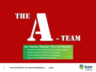Our mission: “Migrate 4 TB in 2.5 Months!” 
7 Practical Guidance for Large Scale Migrations public 
Our mission: Migrate 4 TB in 2.5 Months! 
•Andries den Haan (project leader, lead consultant) 
•Mathijs Vlasveld (SharePoint developer) 
•Terence Bahlen (SharePoint developer) 
•Neal de Jel (SharePoint developer).  