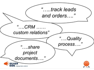 13
“….CRM ……
custom relations”
“…..track leads
and orders….”
“….Quality
process….”
“….share
project
documents….”
 