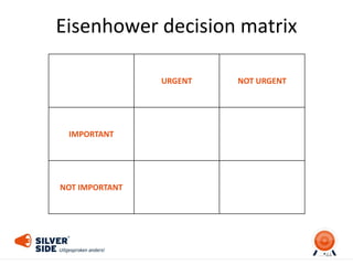 Eisenhower decision matrix
44
URGENT NOT URGENT
IMPORTANT
NOT IMPORTANT
 