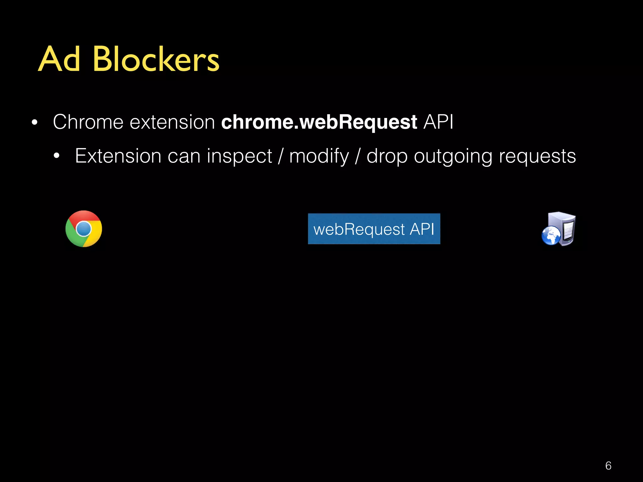 Ad Blockers
6
• Chrome extension chrome.webRequest API
• Extension can inspect / modify / drop outgoing requests
webRequest API
 