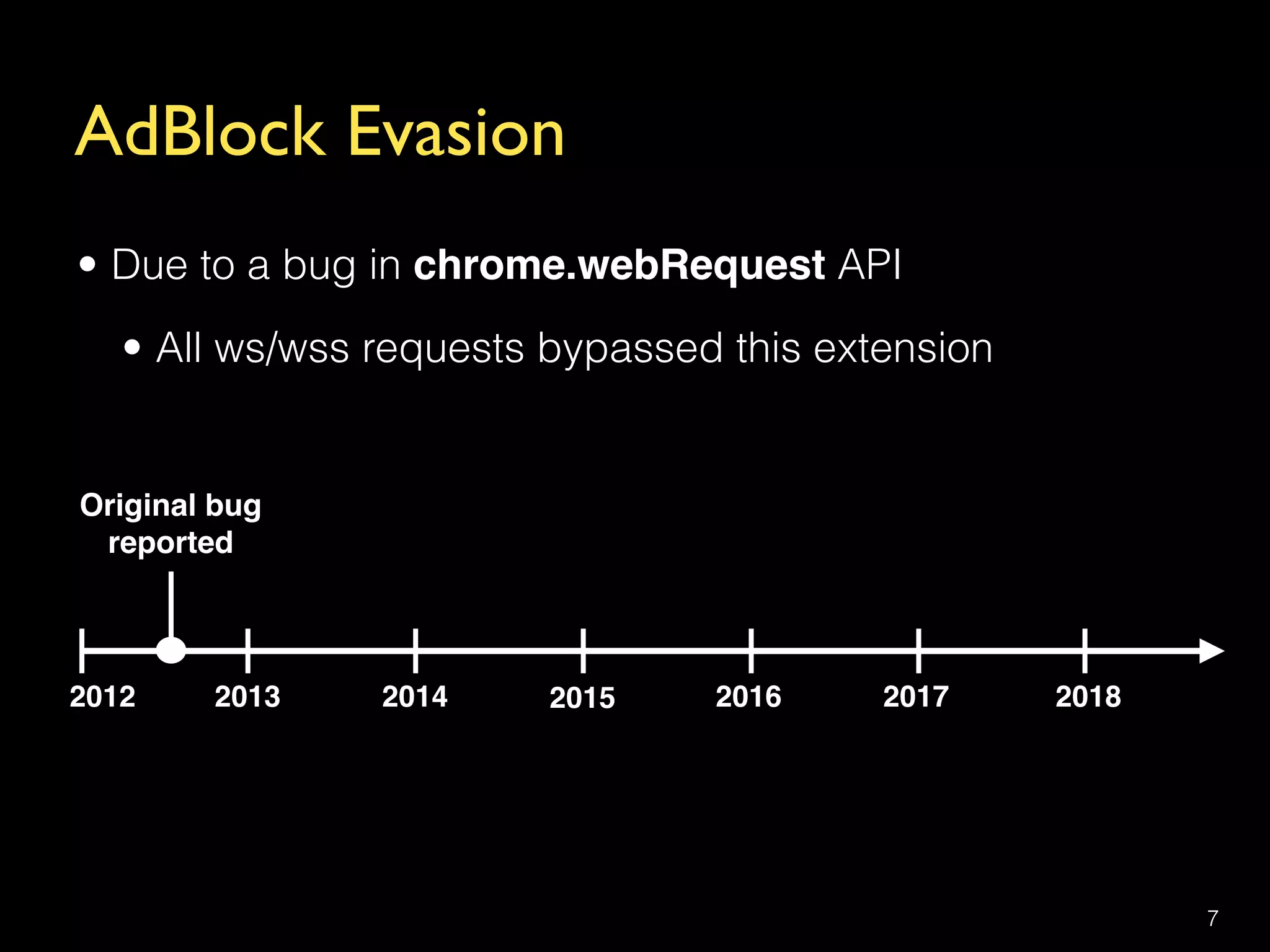 AdBlock Evasion
• Due to a bug in chrome.webRequest API
• All ws/wss requests bypassed this extension
7
2012 2013 2014 2015 2016 2017 2018
Original bug 
reported
 
