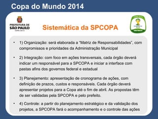 Copa do Mundo 2014
Sistemática da SPCOPA
• 1) Organização: será elaborada a “Matriz de Responsabilidades”, com
compromissos e prioridades da Administração Municipal
• 2) Integração: com foco em ações transversais, cada órgão deverá
indicar um responsável para a SPCOPA e iniciar a interface com
pastas afins dos governos federal e estadual
• 3) Planejamento: apresentação de cronograma de ações, com
definição de prazos, custos e responsáveis. Cada órgão deverá
apresentar projetos para a Copa até o fim de abril. As propostas têm
de ser validadas pela SPCOPA e pelo prefeito.
• 4) Controle: a partir do planejamento estratégico e da validação dos
projetos, a SPCOPA fará o acompanhamento e o controle das ações
 