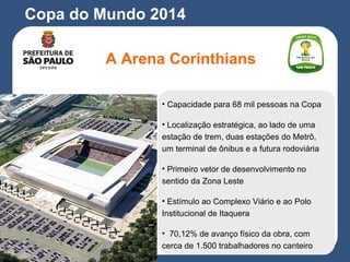 Copa do Mundo 2014
• Capacidade para 68 mil pessoas na Copa
• Localização estratégica, ao lado de uma
estação de trem, duas estações do Metrô,
um terminal de ônibus e a futura rodoviária
• Primeiro vetor de desenvolvimento no
sentido da Zona Leste
• Estímulo ao Complexo Viário e ao Polo
Institucional de Itaquera
• 70,12% de avanço físico da obra, com
cerca de 1.500 trabalhadores no canteiro
A Arena Corinthians
 