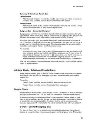 SPC OVERVIEW
29
Summary Of Defects Vs. Rejects Data
Defects charts
Attribute charts for cases in which the possible occurrences are infinite or cannot be
counted. They count the number of non-conformities within an item.
Rejects charts
Attribute Data charts for the cases in which rejected whole units are counted. These
figures can be described as ratios instead of just counts.
Subgroup Size – Constant or Changing?
Subgroup size is another important data characteristic to consider in selecting the right
type of chart. When constructing attribute control charts, a subgroup is the group of units
that were inspected to obtain the number of defects or the number of rejects.
To choose the correct chart, you need to determine if the subgroup size is constant or
not. If constant, for example 300 forms are processed every day, then you can look at a
straight count of the defective occurrences. If the subgroup size changes, you need to
look at the percentage or fraction of defective occurrences.
For example:
An organization may have a day in which 500 insurance forms are processed and 50
have errors vs. another day in which only 150 are processed and 20 have errors. If
we only look at the count of errors, 50 vs. 20, we would assume the 50 error day was
worse. But when considering the total size of the subgroup, 500 vs. 150, we
determine that on the first day 10% had errors while the other day 13.3% had errors.
Now that we understand the different types of attribute data, let’s move on to the specific
charts for analyzing them.
Attribute Charts – Defects and Rejects Charts
There are four different types of attribute charts. For each type of attribute data, defects
and rejects, there is a chart for subgroups of constant size and one for subgroups of
varying size.
Remember:
Defects Charts count the number of defects within the inspection unit.
Rejects Charts count the number of rejected units in a subgroup.
Defects Charts
The two defects charts are the c chart and the u chart. The c refers to count of defects in
a subgroup of constant size. The u is a per unit count within a variable size subgroup.
A mnemonic to help you remember that the c chart represents Defects data is to think
back to your school days and the C grade you got in a class when the number of defects
or errors within one test exceeded the threshold. Another way to remember which
subgroup type goes with which chart is that c is for “constant” and u is for “un-constant”.
c Chart – Constant Subgroup Size
A c chart, or Count chart, is an attribute control chart that displays how the number of
defects, or nonconformities, for a process or system is changing over time. The number
 