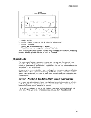 SPC OVERVIEW
31
To create a U chart:
• In Statit Express QC click on the “u” button on the menu bar.
• In Statit Custom QC:
Select: QC Attribute charts U Chart
The dialogs lead you through the creation of the charts.
If you have any difficulties, open the Help file using the Help button on the U Chart dialog,
or select Help Contents and find “U Chart” in the Index.
Rejects Charts
The two types of Rejects charts are the p chart and the np chart. The name of the p
chart stands for the Percentage of rejects in a subgroup. The name of the np chart
stands for the Number of rejects within a p-type chart. You can also remember it as “not
percentage” or “not proportional”.
A mnemonic to remember that the p chart and its partner the np chart represents Rejects
data is to think of P as a “pea” and a canning plant that is rejecting cans of peas if they
are not 100% acceptable. As p and np are a team, you should be able to recall this with
the same story.
np Chart – Number of Rejects Chart for Constant Subgroup Size
An np chart is an attribute control chart that displays changes in the number of defective
products, rejects or unacceptable outcomes. It is an indicator of the consistency and
predictability of the level of defects in the process.
The np chart is only valid as long as your data are collected in subgroups that are the
same size. When you have a variable subgroup size, a p chart should be used.
 