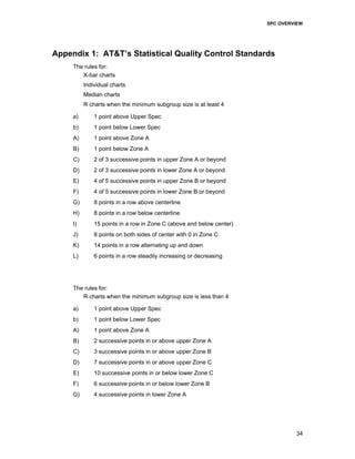 SPC OVERVIEW
34
Appendix 1: AT&T’s Statistical Quality Control Standards
The rules for:
X-bar charts
Individual charts
Median charts
R charts when the minimum subgroup size is at least 4
a) 1 point above Upper Spec
b) 1 point below Lower Spec
A) 1 point above Zone A
B) 1 point below Zone A
C) 2 of 3 successive points in upper Zone A or beyond
D) 2 of 3 successive points in lower Zone A or beyond
E) 4 of 5 successive points in upper Zone B or beyond
F) 4 of 5 successive points in lower Zone B or beyond
G) 8 points in a row above centerline
H) 8 points in a row below centerline
I) 15 points in a row in Zone C (above and below center)
J) 8 points on both sides of center with 0 in Zone C
K) 14 points in a row alternating up and down
L) 6 points in a row steadily increasing or decreasing
The rules for:
R charts when the minimum subgroup size is less than 4
a) 1 point above Upper Spec
b) 1 point below Lower Spec
A) 1 point above Zone A
B) 2 successive points in or above upper Zone A
C) 3 successive points in or above upper Zone B
D) 7 successive points in or above upper Zone C
E) 10 successive points in or below lower Zone C
F) 6 successive points in or below lower Zone B
G) 4 successive points in lower Zone A
 
