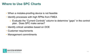 Where to Use SPC Charts
• When a mistake-proofing device is not feasible
• Identify processes with high RPNs from FMEA
➢ Evaluate the “Current Controls” column to determine “gaps” in the control
plan. Does SPC make sense?
• Identify critical variables based on DOE
• Customer requirements
• Management commitments
172
 