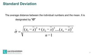 Standard Deviation
The average distance between the individual numbers and the mean. It is
designated by “s”
1
)
....(
)
(
)
( 2
2
2
2
1
−
−
−
+
−
=

n
x
x
x
x
x
x n
s
32
 