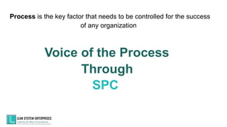 Process is the key factor that needs to be controlled for the success
of any organization
Voice of the Process
Through
SPC
 