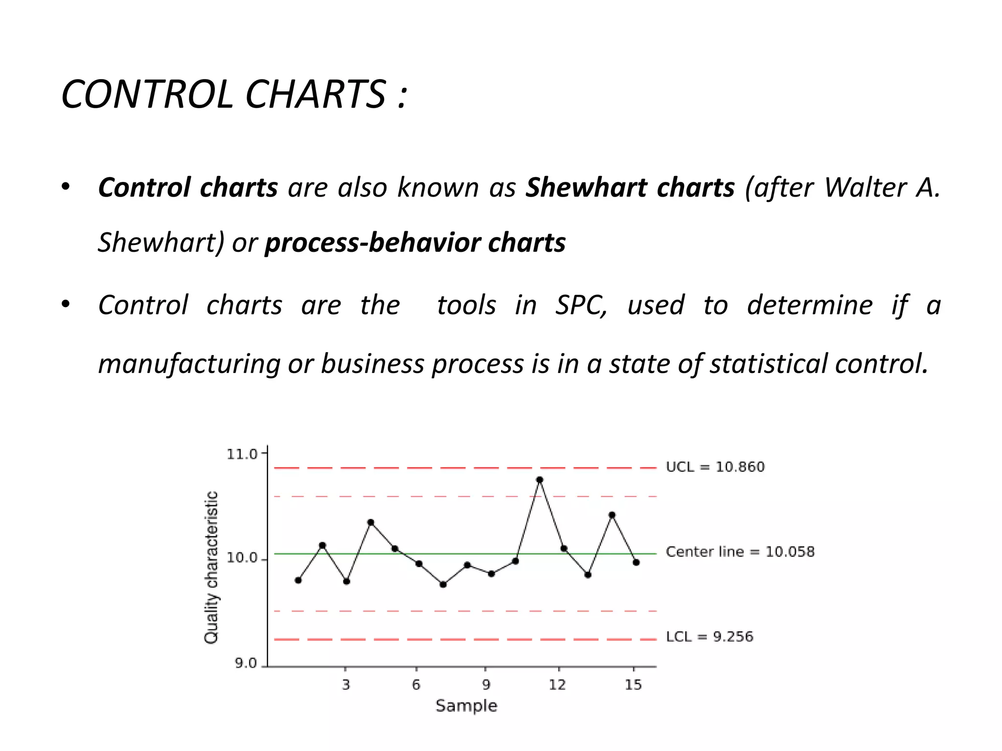 CONTROL CHARTS :
• Control charts are also known as Shewhart charts (after Walter A.
Shewhart) or process-behavior charts
• Control charts are the

tools in SPC, used to determine if a

manufacturing or business process is in a state of statistical control.

 