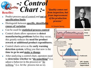 SPC: Quality
Consistency &
Improvement
-: Control
Chart :-Benefits:
 Predict process out of control and out of
specification limits
 Distinguish between specific, identifiable
causes of variation
 Can be used for statistical process control
 Control charts allow operators to detect
manufacturing problems before they occur,
this greatly reduces the need for product
rework or additional product expenditures.
 Control charts serve as the early warning
detection system, telling you that now is the
time to go in and make a change.
 After analyzing a control chart, operators need
to determine whether to “do something” (i.e.
adjust a behavior in the process) or “do
nothing,” (i.e. let the process run as is).
 