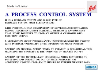 Minda Huf Limited
A PROCESS CONTROL SYSTEM
IT IS A FEEDBACK SYSTEM .SPC IS ONE TYPE OF
FEEDBACK SYSTEM , FOUR ELEMENTS ARE:-
1.THE PROCESS:- MEANS COMBINATION OF SUPPLIERS , SUBCONTRATORS,
PEOPLE , EQUIPMENT , INPUT MATERIAL , METHODS & ENVIRONMENT
THAT WORK TOGETHER TO PRODUCE OUTPUT & CUSTOMER WHO
USES THAT OUTPUT.
2.INFORMATION ABOUT PERFORMANCE:- UNDERSTANDING OF THE PROCESS
& ITS INTERNAL VARIABILITY GIVES INFORMATION ABOUT PROCESS
3.ACTION ON PROCESS:- ACTION TAKEN TO PREVENT IS ECONOMICAL. THIS
MAINTAINS THE STABILITY & THE VARIATION OF PROCESS OUTPUT.
4.ACTION OF THE OUTPUT:-LEAST ECONOMICAL WHEN RESTRICTED TO
DETECTING AND CORRECTING OUT OF SPECS PRODUCTS W/O
ADDRESSING PROCESS PROBLEM. IT SHOULD BE INTERIM MEASURE ONLY.
 