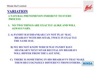 Minda Huf Limited
VARIATION
A NATURAL PHENOMENON INHERENT TO EVERY
PROCESS
1. NO TWO THINGS ARE EXACTLY ALIKE AND WILL
ALWAYS VARY.
2. A) PANDIT RAVISHANKAR CAN NOT PLAY ‘RAG
BHAIRAVI’WITH HIS SITAR, TWICE IN EXACTLY
THE SAME DAY.
B) WE DO NOT KNOW WHICH WAY PANDIT RAVI
SHANKAR’S NEXT SITAR RECITAL ON BHAIRAVI
WILL DIFFER FROM THE LAST ONE.
C) THERE IS SOMETHING IN HIS BHAIRAVI’S THAT MAKE
THEM RECCOGNIZELY DIFFERENT FROM OTHERS.
 